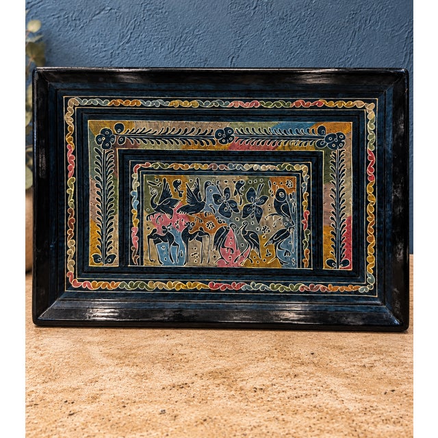 Beautiful vintage Mexican folk art tray in the traditional Olinalá-style lacquer technique, featuring an intricate hand-...