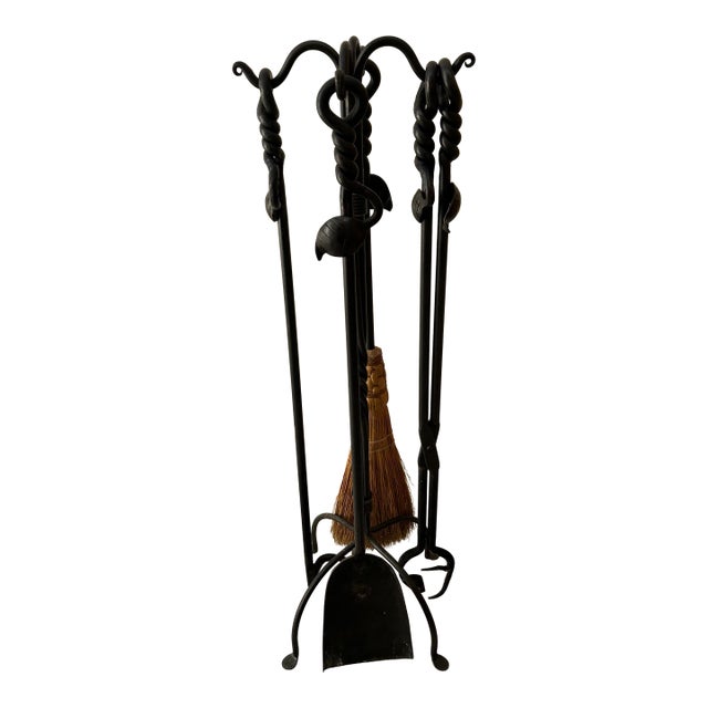 Hand-Forged Wrought Iron Fireplace Tool Set – Arts & Crafts / Spanish Revival Style, Sculptural Twisted Iron For Sale