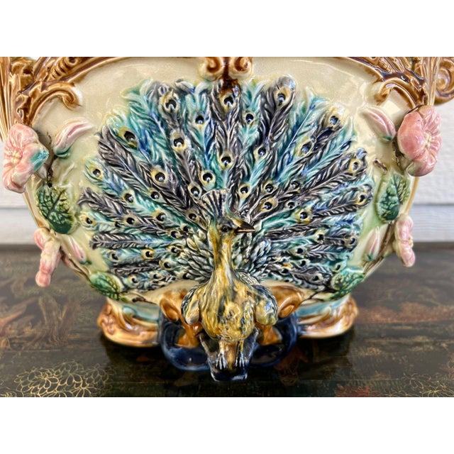 Antique French Majolica Jardinière Planter Peacock Onnaing Large Cache Pot C1880 For Sale - Image 4 of 18