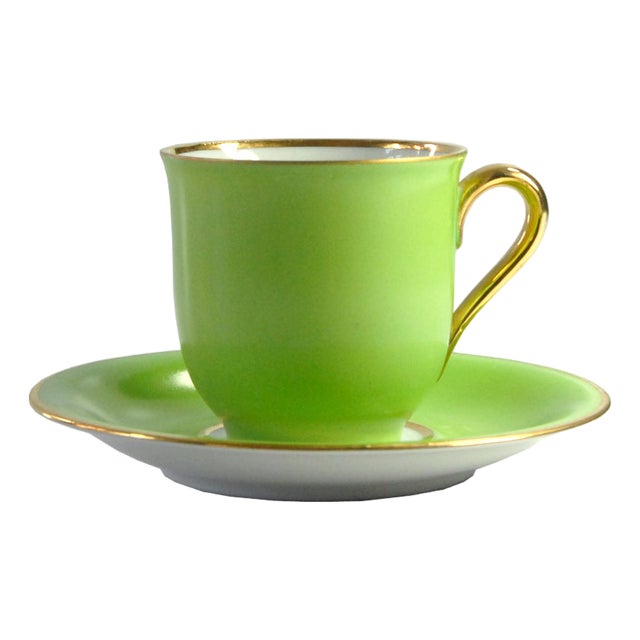 Green & Gold Coffee Cup & Saucer, 1950s, Set of 2 For Sale