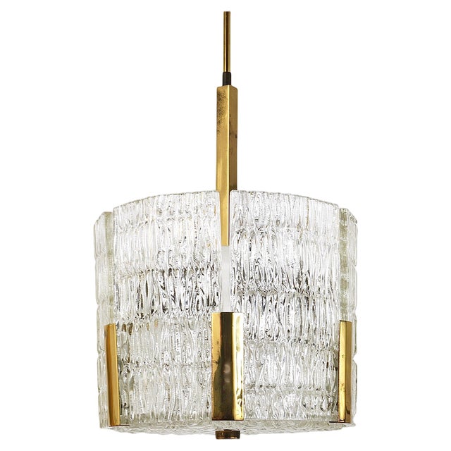 Austrian Tambour Drum Chandelier in Brass and Textured Ice Glass by J. T. Kalmar for Kalmar, 1960s For Sale