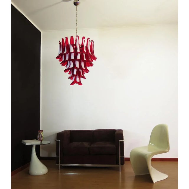 - Huge Italian vintage Murano chandelier - Made of 52 glass petals (red and white 'lattimo') in a chrome frame - Dimension...