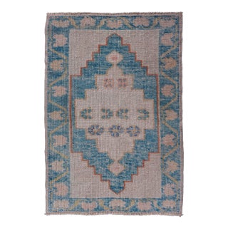 Modern Turkish Oushak Rug in Blue and Beige Geometric Patterns 2'4" X 3'7" For Sale