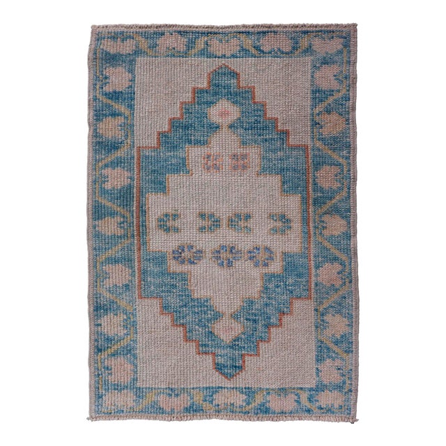 Modern Turkish Oushak Rug in Blue and Beige Geometric Patterns 2'4" X 3'7" For Sale