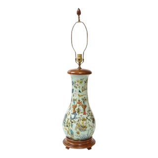 A Tall English Chinoiserie Celadon Decalcomania Glass Lamp For Sale