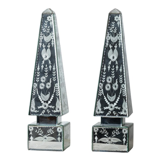Venetian Style Mirrored Obelisks - a Pair For Sale
