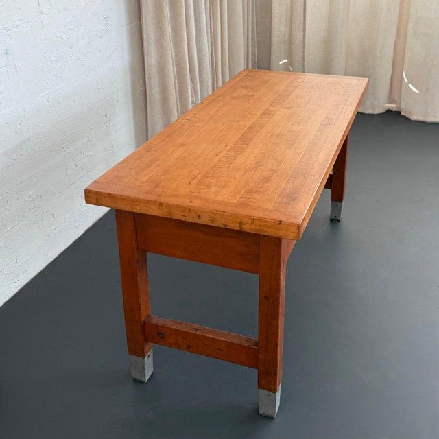 Brass 1950s Industrial Maple Library Console Work Table For Sale - Image 8 of 12