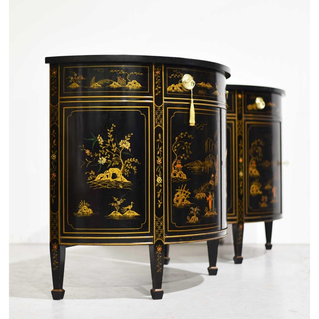 Mid 20th Century Mid Century French Chinoiserie Leather Top DemiLune Commode - A Pair For Sale - Image 5 of 14