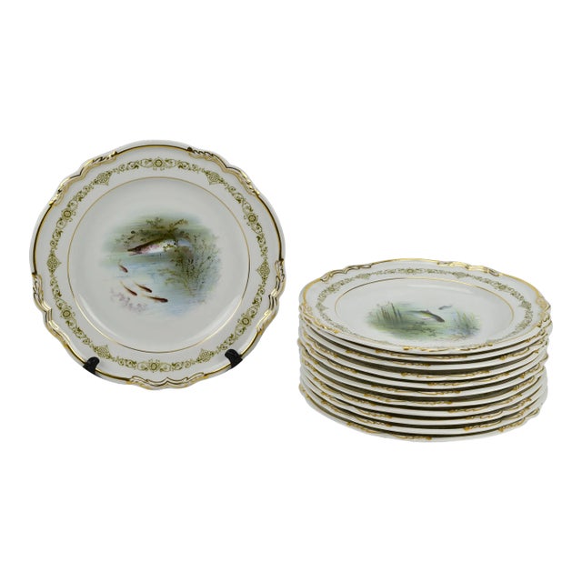 Late 19th Century Copeland Spode Hand Painted Fish Plates- Set of 12 For Sale