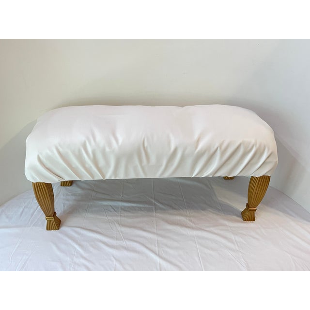 Large White Leather Gold Wood Bench For Sale - Image 4 of 12