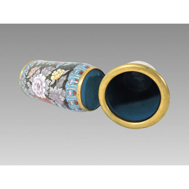 Metal Antique Chinese Blue & Mauve Cloisonné Opposing Flower & Butterfly Cylindrical Vases or Brush Pots- A Pair For Sale - Image 7 of 7