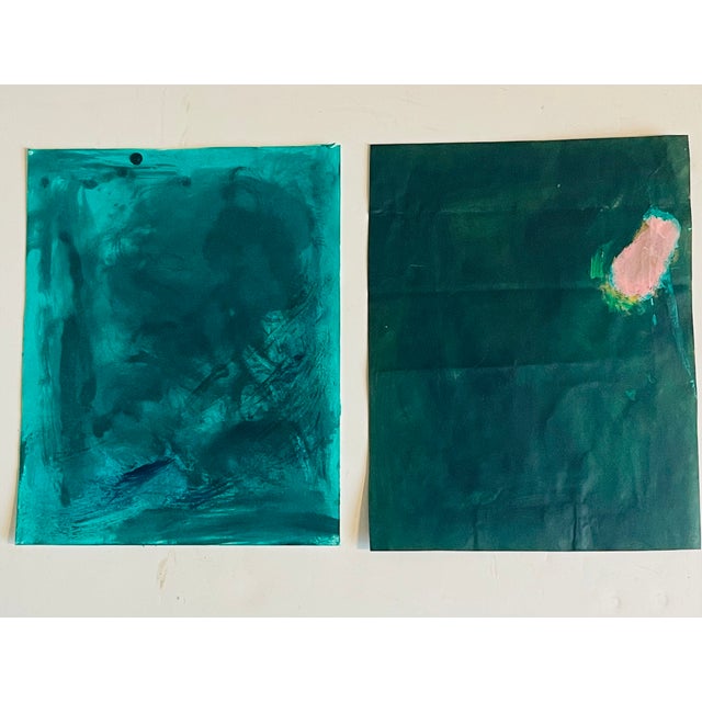 Pair of moody abstracts in dark phtalo green on paper. Signed by artist Mariana Shulga.
