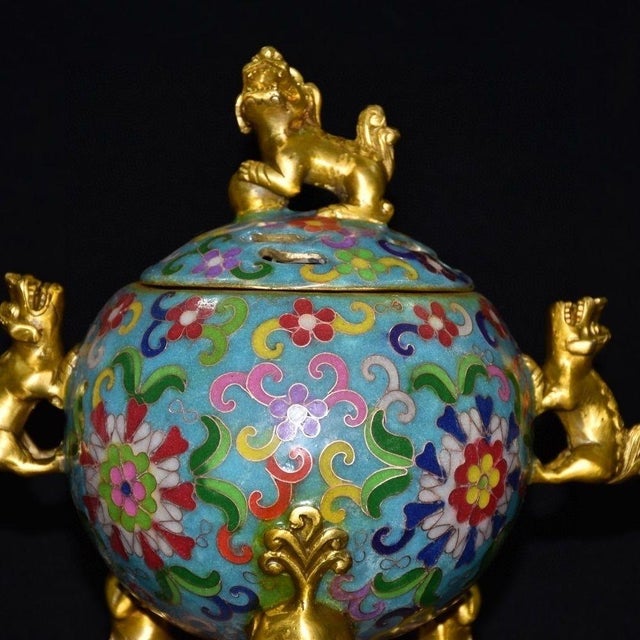 Metal Vintage Cloisonne Enamel Globe Censer - Double-Handle Tripod Incense Burner For Sale - Image 7 of 9