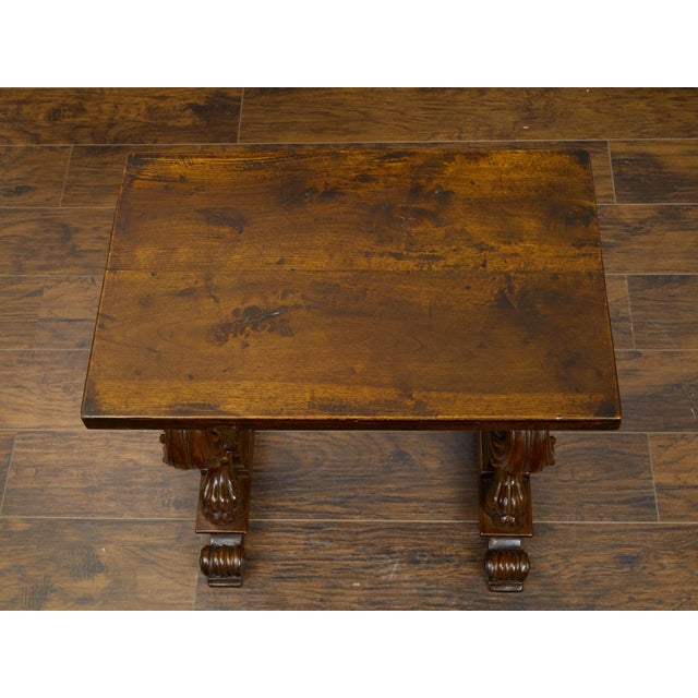 Brown Italian 1800s Walnut Side Table with Lion Motifs and Richly Carved Trestle Base For Sale - Image 8 of 11