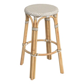 Tobias 30 in. Seat Height Round Rattan Backless Bar Stool, White/Tan Dot / Natural Rattan Frame For Sale
