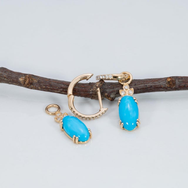 Convertible Sleeping Beauty Turquoise & Diamond Earrings: Solid 14k Gold, 12x6mm, Pair For Sale In Columbus - Image 6 of 7