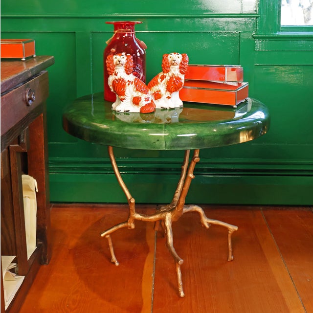 Emerald Green Vellum Top Side Table With Sculptural Brass Base by Made Goods For Sale In Providence - Image 6 of 7