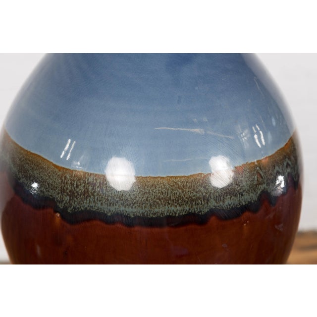 Contemporary Blue & Brown Glaze Ceramic Vase For Sale - Image 9 of 12
