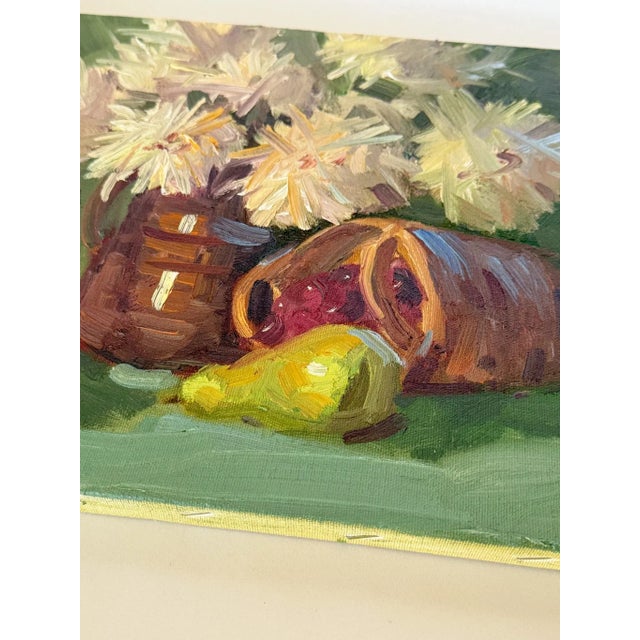 Impressionist Original Dahlias and Pears Still Life, Oil Painting on Canvas For Sale - Image 3 of 5