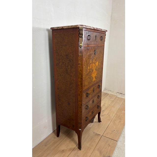 French Louis XVI Style Burl Wood Secretary Chest with Marble Top, 1930s For Sale - Image 15 of 15