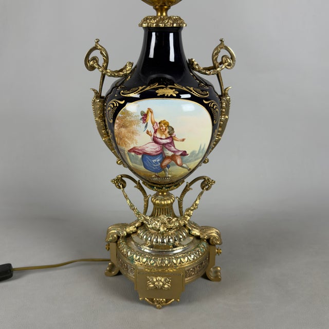 Metal Antique French Porcelain, Brass and Satin Glass Table Lamp, 20th Century For Sale - Image 7 of 13