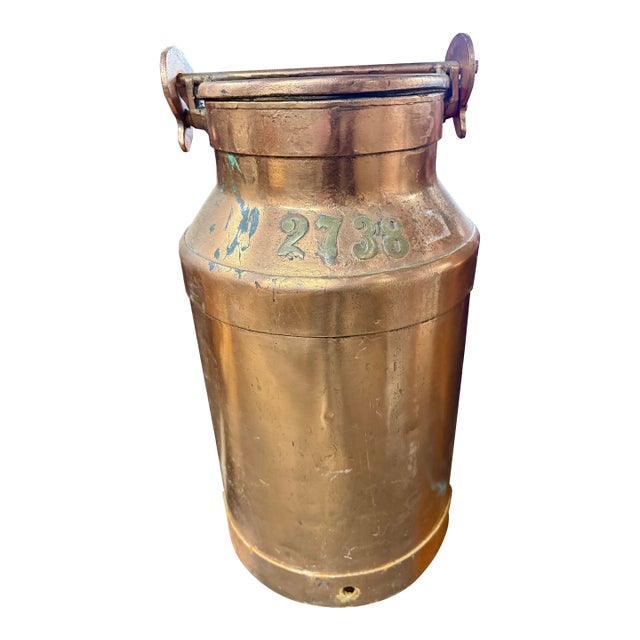 Antique French Copper Milk Can With Lid, Riveted Handles & Original Patina, Large Farmhouse Vessel For Sale