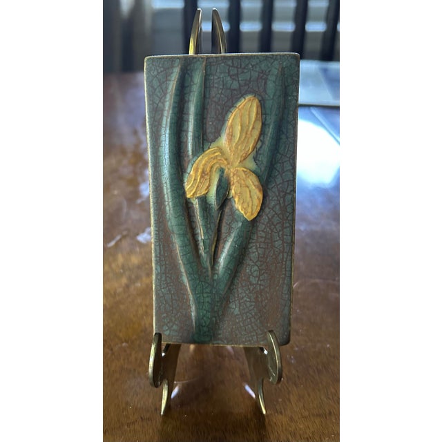 Ephraim Faience Hand Made Pottery Yellow Iris Ceramic Tile For Sale - Image 4 of 4
