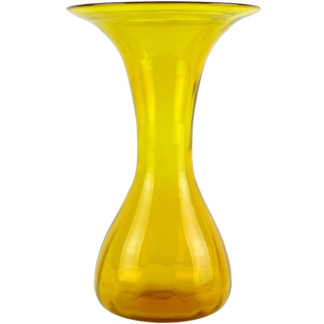 Vintage Large Art Glass Golden Yellow Orange Decorative Flared Rim Flower Vase For Sale
