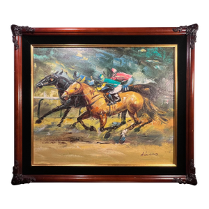 1970s Mid-Century Modern Anthony Veccio Horse Racing Oil on Canvas Painting Signed