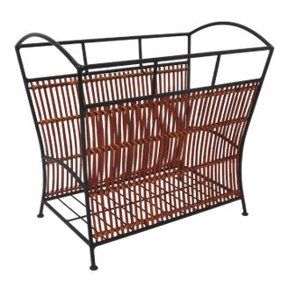 Vintage Mid Century Wrought Iron Woven Bamboo & Wicker Magazine Rack For Sale