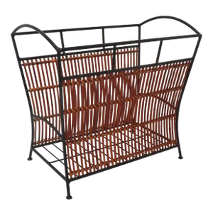 Vintage Mid Century Wrought Iron Woven Bamboo & Wicker Magazine Rack