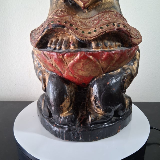 Late 19th Century Large Antique Burmese Carved Gilt Wood Theppanom Guardian Statue 47” Tall For Sale - Image 5 of 9