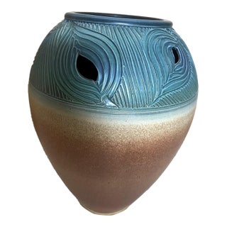 Mark Untener Large Carved & Pierced Studio Pottery Vase, 1990s For Sale