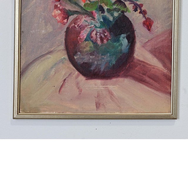 A lively oil on canvas painting from France, of vintage age that has been reframed in a complementary champagne-gold...