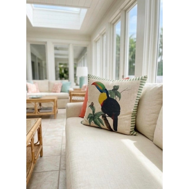 Vintage Linen Toucan & Snail Cushion With Striped Border For Sale - Image 11 of 12