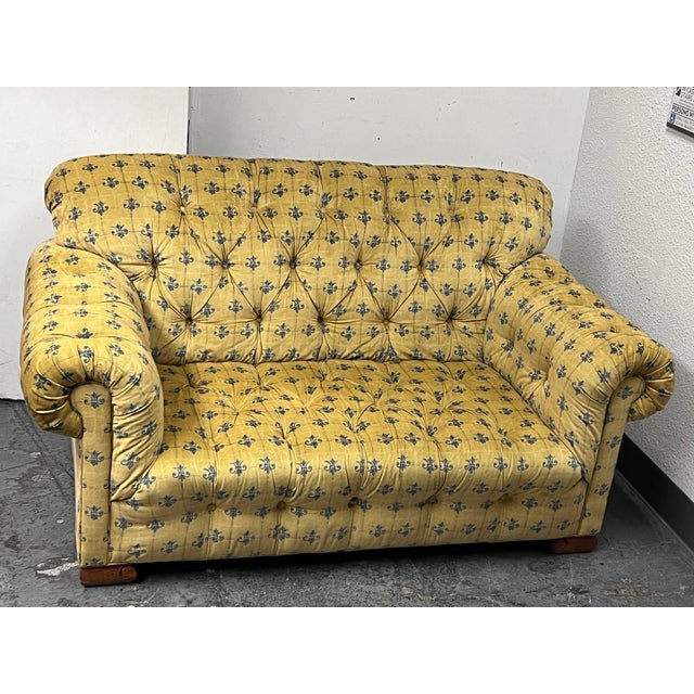 Kravet Furniture Custom Yellow Velvet Loveseat With Blue Crest Chairish