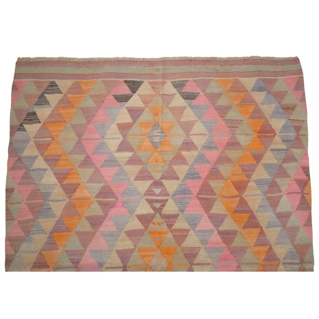 Pink 1960s Turkish Rug Kilim Handmade Pastel Colors Rug - 5′3″ × 7′5″ For Sale - Image 8 of 11