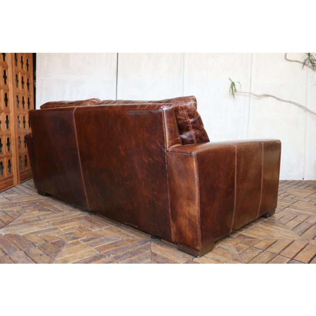 Restoration Hardware Brown Leather Two-Seat Sofa With Rich Patina For Sale - Image 12 of 18