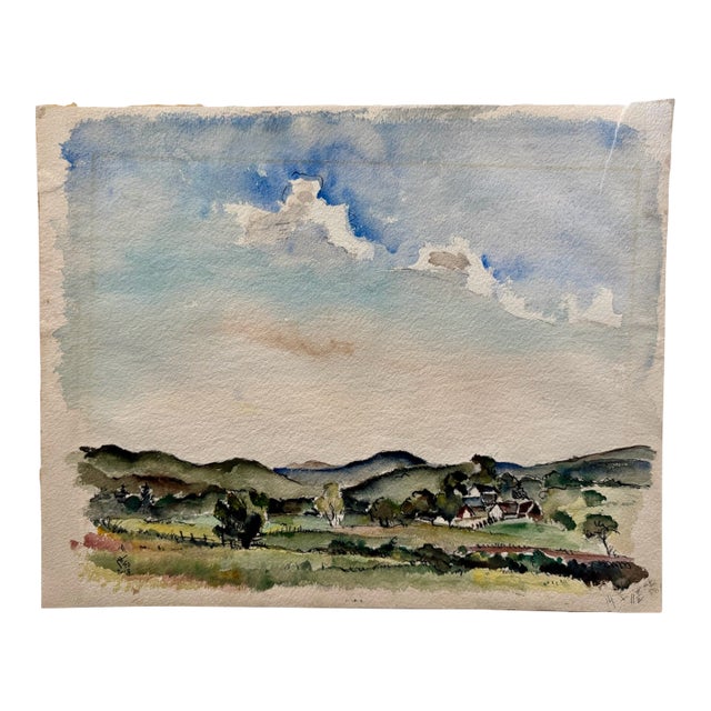 Henry Emil Salloch Original Watercolor on Paper Rural Settlement in the Foothills, 1940. For Sale