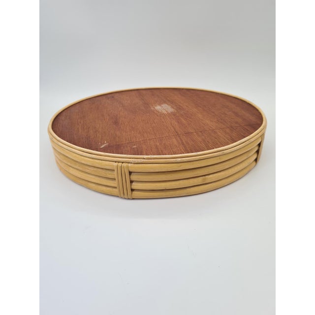 Wood Vintage Round Rattan and Bamboo Tray, 1970s For Sale - Image 7 of 10