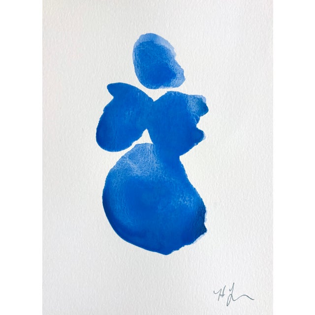 Beautiful original watercolor in blue, depicting a pregnant woman celebrating motherhood, love, and the beauty of new life.