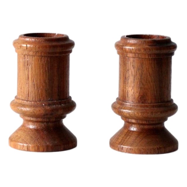 Vintage Turned Wood Candlestick Holders Pair For Sale