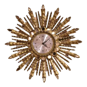 Mid-Century Spanish Carved Giltwood Sunburst Wall Clock With Mirrored Insets