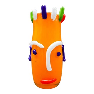 Late 20th Century Mihai Topescu Romania Signed Vintage Colorful Hand Blown Art Glass Face Vase For Sale