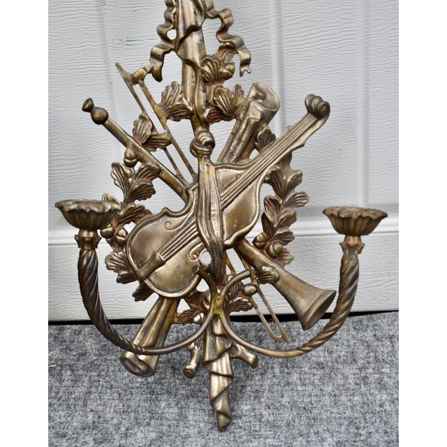 French Pair Brass Sconces Large Ornate Music Wall Violin Candle Holders 40s For Sale - Image 15 of 17