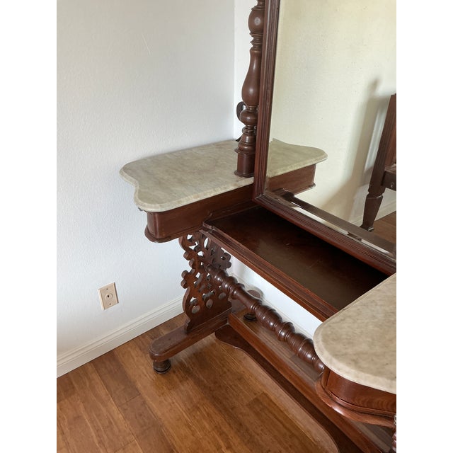 Antique Anglo-Indian Carved Hardwood Marble Top Vanity Dressing Table For Sale - Image 14 of 17