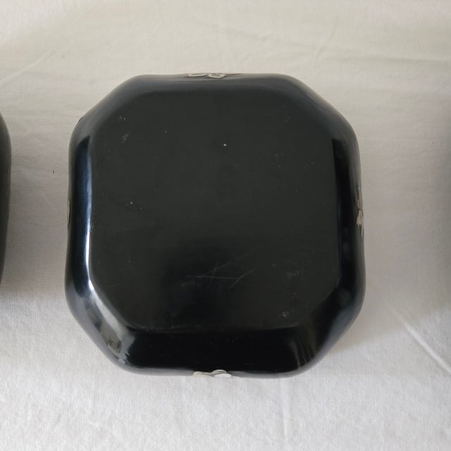 Wood Vintage Chinese Black Lacquer Box Mother of Pearl Inlay Box Set of Two Square For Sale - Image 7 of 17