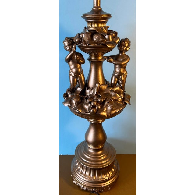 Rococo Bronze Tone Porcelain Capodimonte Cherub Fruit Table Lamp For Sale - Image 3 of 12