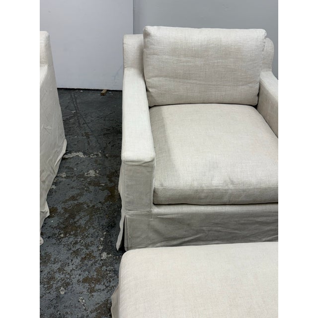 Linen Restoration Hardware Slipcover Belgian Linen Shelter Armchairs + Ottomans, Set For Sale - Image 8 of 12