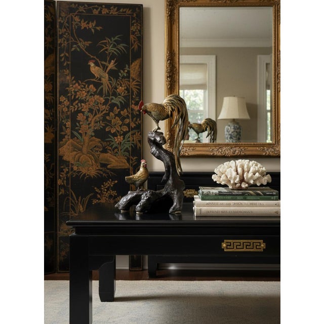 This is a mid-century Japanese Meiji style bronze sculpture of a Onagadori rooster and hen on a root. The birds can be...